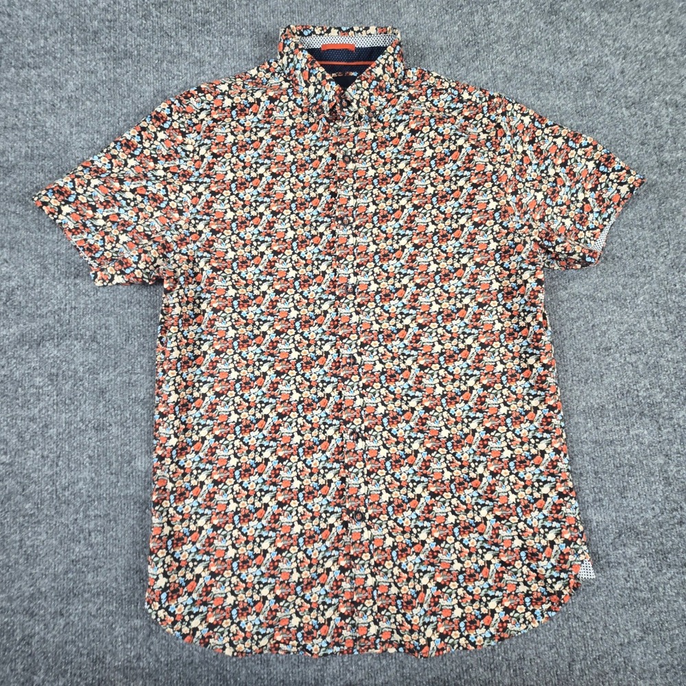 Denim & Flower Button Down Mens Small Floral Print Multi Short Sleeve (T9)